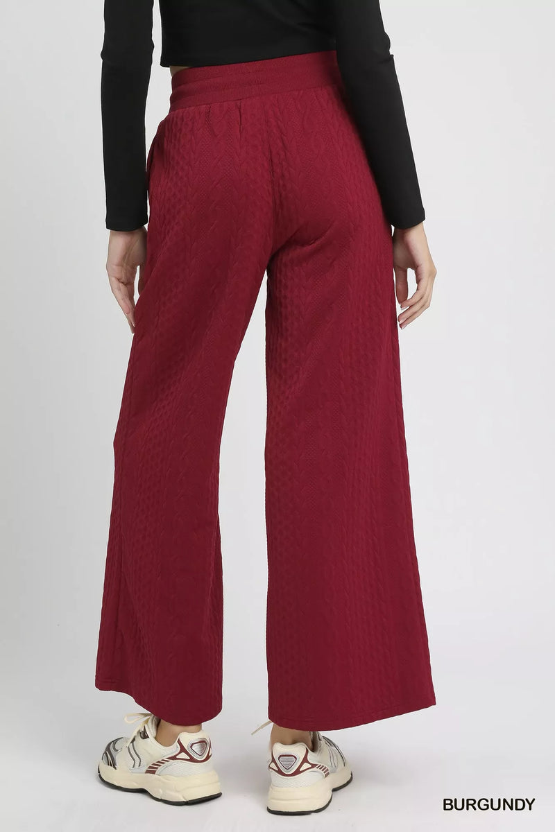 Burgundy Cable Knit Textured Wide Leg Lounge Pants