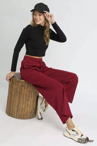 Burgundy Cable Knit Textured Wide Leg Lounge Pants