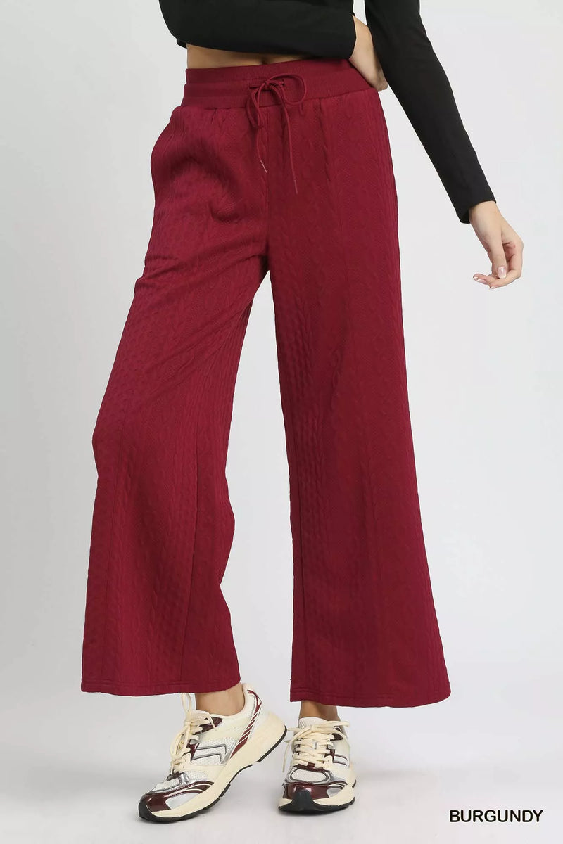 Burgundy Cable Knit Textured Wide Leg Lounge Pants
