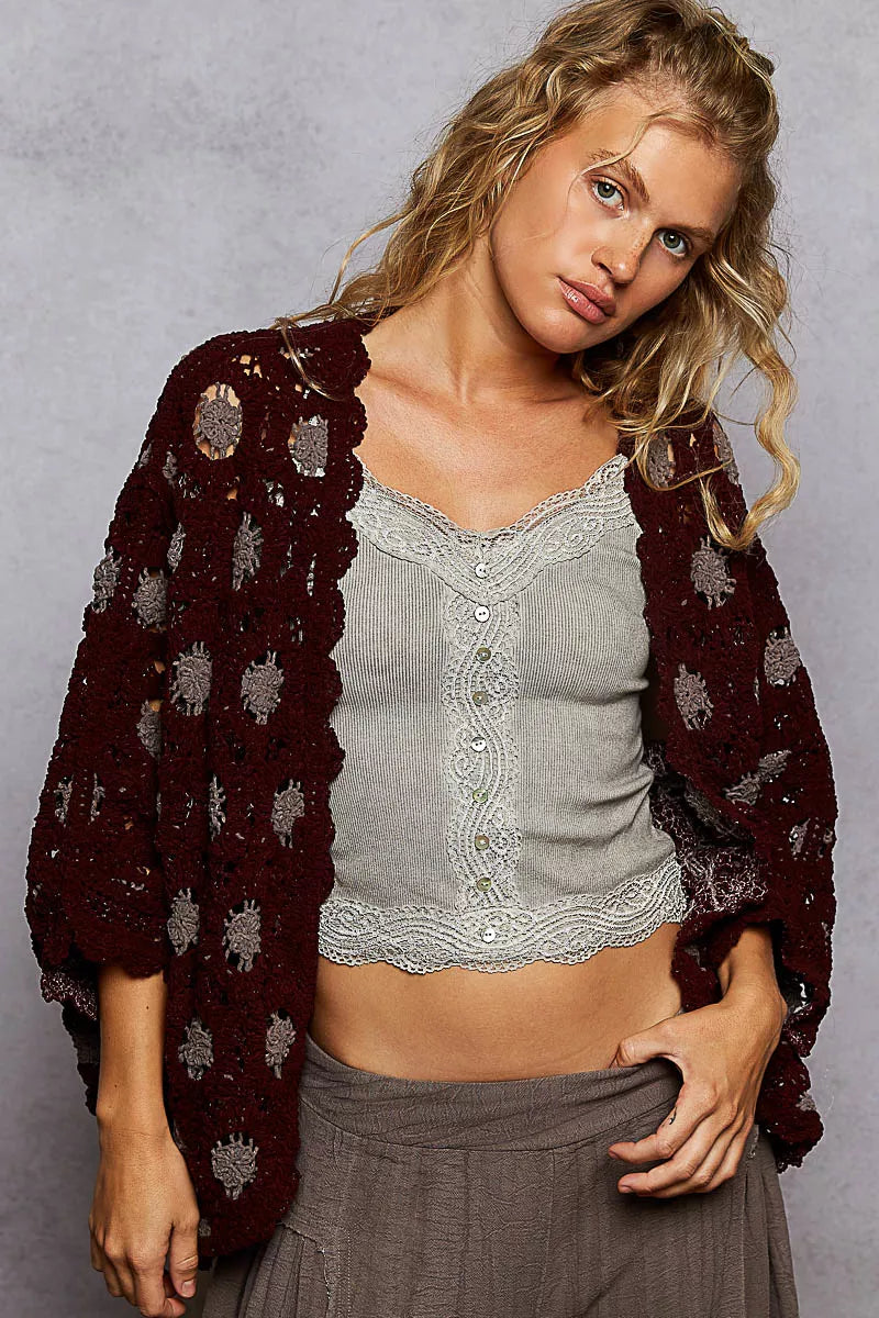 Burgundy & Grey Openwork Chenille Cardigan with Contrast Floral