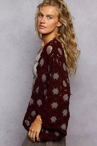Burgundy & Grey Openwork Chenille Cardigan with Contrast Floral