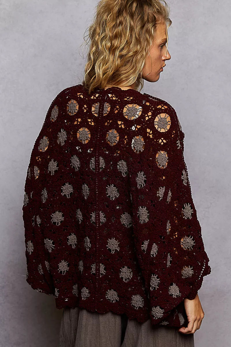 Burgundy & Grey Openwork Chenille Cardigan with Contrast Floral