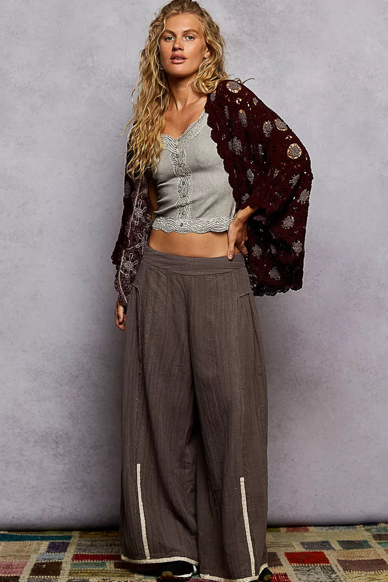 Burgundy & Grey Openwork Chenille Cardigan with Contrast Floral