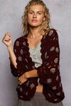 Burgundy & Grey Openwork Chenille Cardigan with Contrast Floral