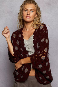 Burgundy & Grey Openwork Chenille Cardigan with Contrast Floral