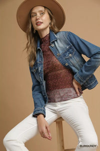 Burgundy Nylon Lace Mesh Long Sleeve Top