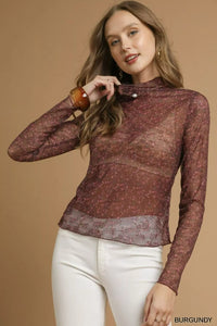 Burgundy Nylon Lace Mesh Long Sleeve Top