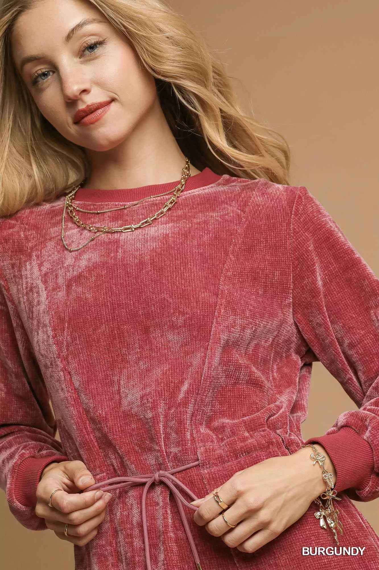 Burgundy Velour Drawstring Mini Dress - Reef Love