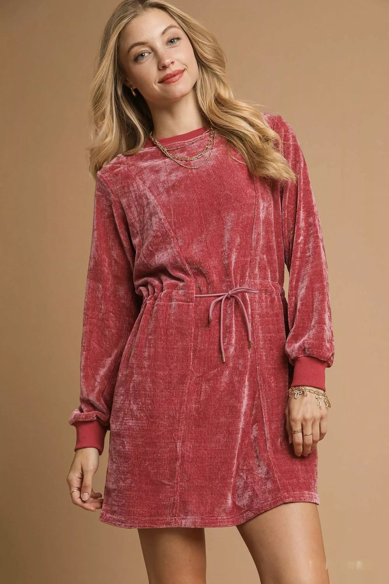 Burgundy Velour Drawstring Mini Dress - Reef Love