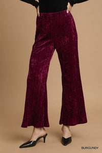 Burgundy Velvet Pleated Wide Leg Pants-Burgundy velvet pleated wide-leg pants with high waist and elastic waistband. Luxurious crushed velvet design for chic evening looks or elevated casual outfits.-Reef Love