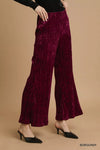 Burgundy Velvet Pleated Wide Leg Pants-Burgundy velvet pleated wide-leg pants with high waist and elastic waistband. Luxurious crushed velvet design for chic evening looks or elevated casual outfits.-Reef Love