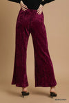 Burgundy Velvet Pleated Wide Leg Pants-Burgundy velvet pleated wide-leg pants with high waist and elastic waistband. Luxurious crushed velvet design for chic evening looks or elevated casual outfits.-Reef Love