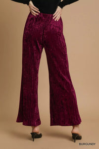 Burgundy Velvet Pleated Wide Leg Pants-Burgundy velvet pleated wide-leg pants with high waist and elastic waistband. Luxurious crushed velvet design for chic evening looks or elevated casual outfits.-Reef Love