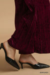 Burgundy Velvet Pleated Wide Leg Pants-Burgundy velvet pleated wide-leg pants with high waist and elastic waistband. Luxurious crushed velvet design for chic evening looks or elevated casual outfits.-Reef Love