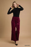 Burgundy Velvet Pleated Wide Leg Pants-Burgundy velvet pleated wide-leg pants with high waist and elastic waistband. Luxurious crushed velvet design for chic evening looks or elevated casual outfits.-Reef Love