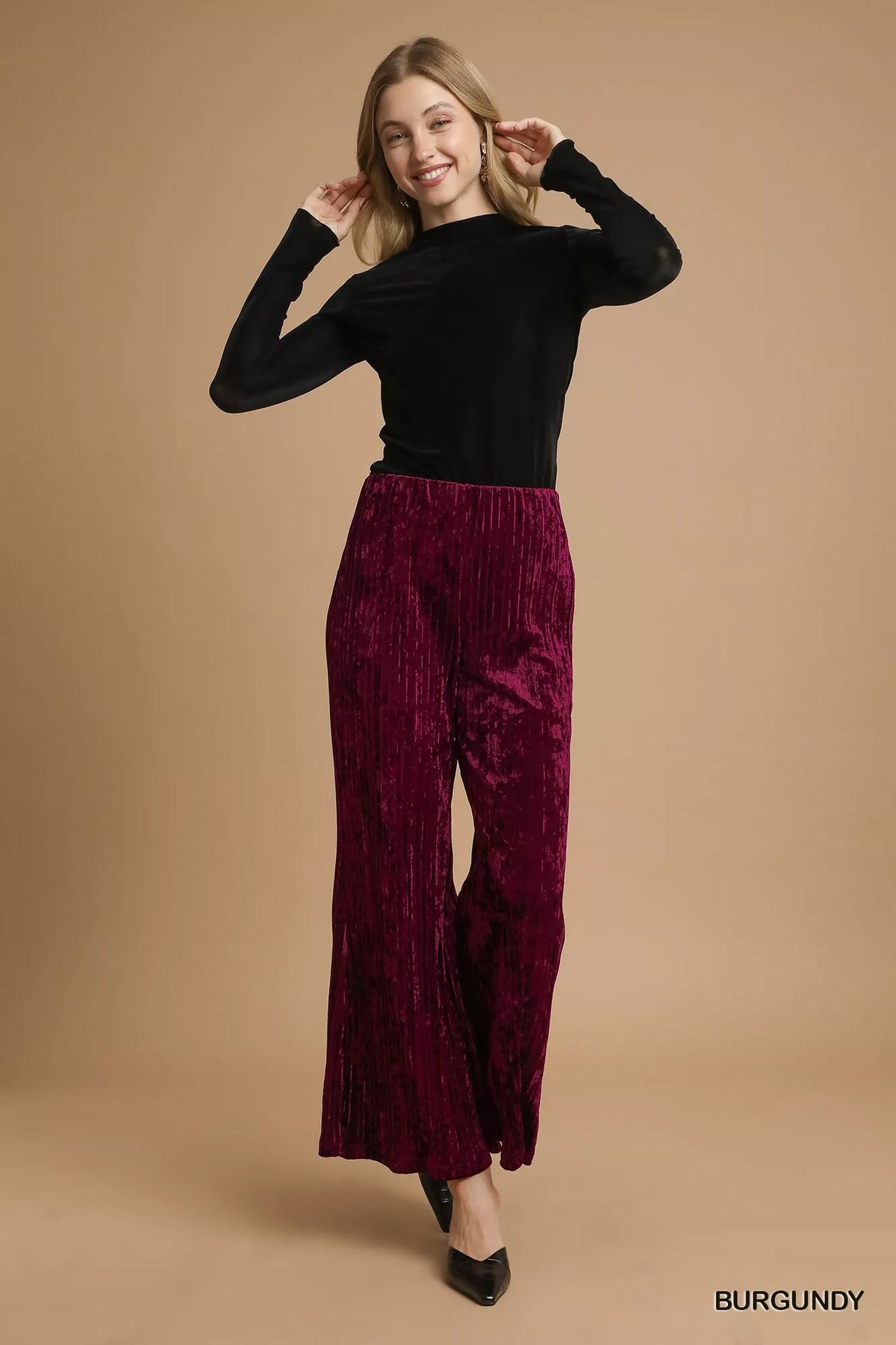 Burgundy Velvet Pleated Wide Leg Pants-Burgundy velvet pleated wide-leg pants with high waist and elastic waistband. Luxurious crushed velvet design for chic evening looks or elevated casual outfits.-Reef Love