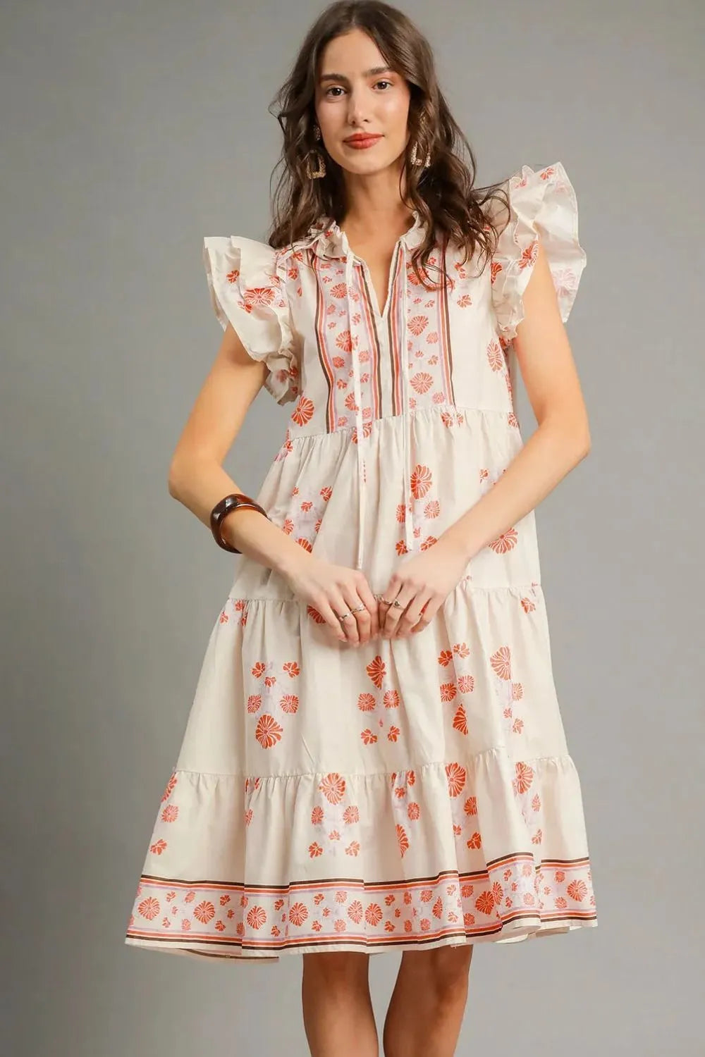 Burnt Coral Printed Cap Sleeve Midi Dress-Bohemian-style midi dress features a delicate floral print in soft coral and cream tones. Cotton breathable fabric, relaxed fit, flutter sleeve sundress. -Reef Love Boho-Chic Boutique