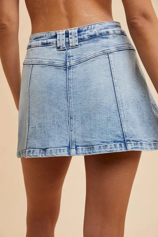Button Detail Stretch Denim Wrap Mini Skort