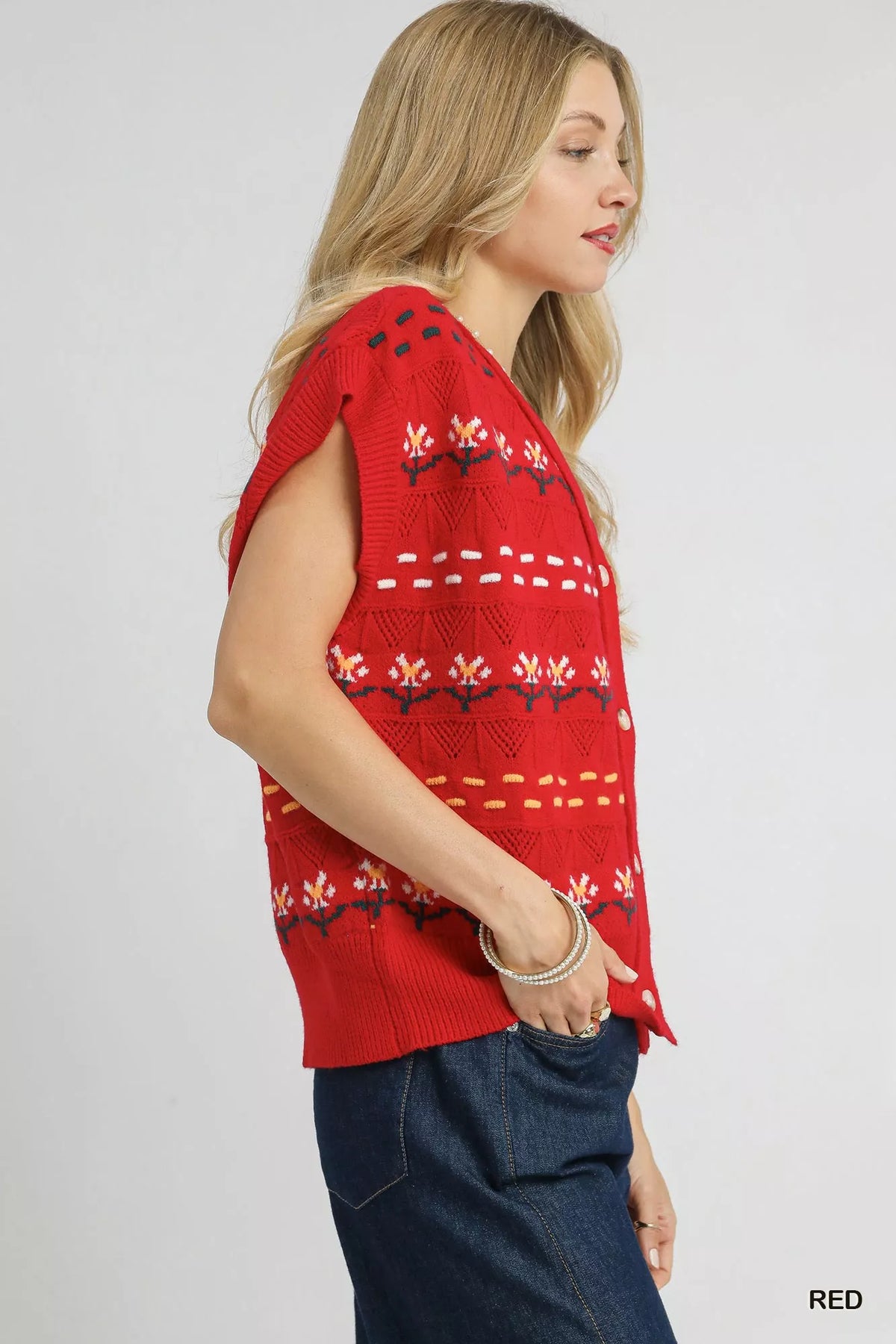 Button-Down Knit Sleeveless Sweater, Red
