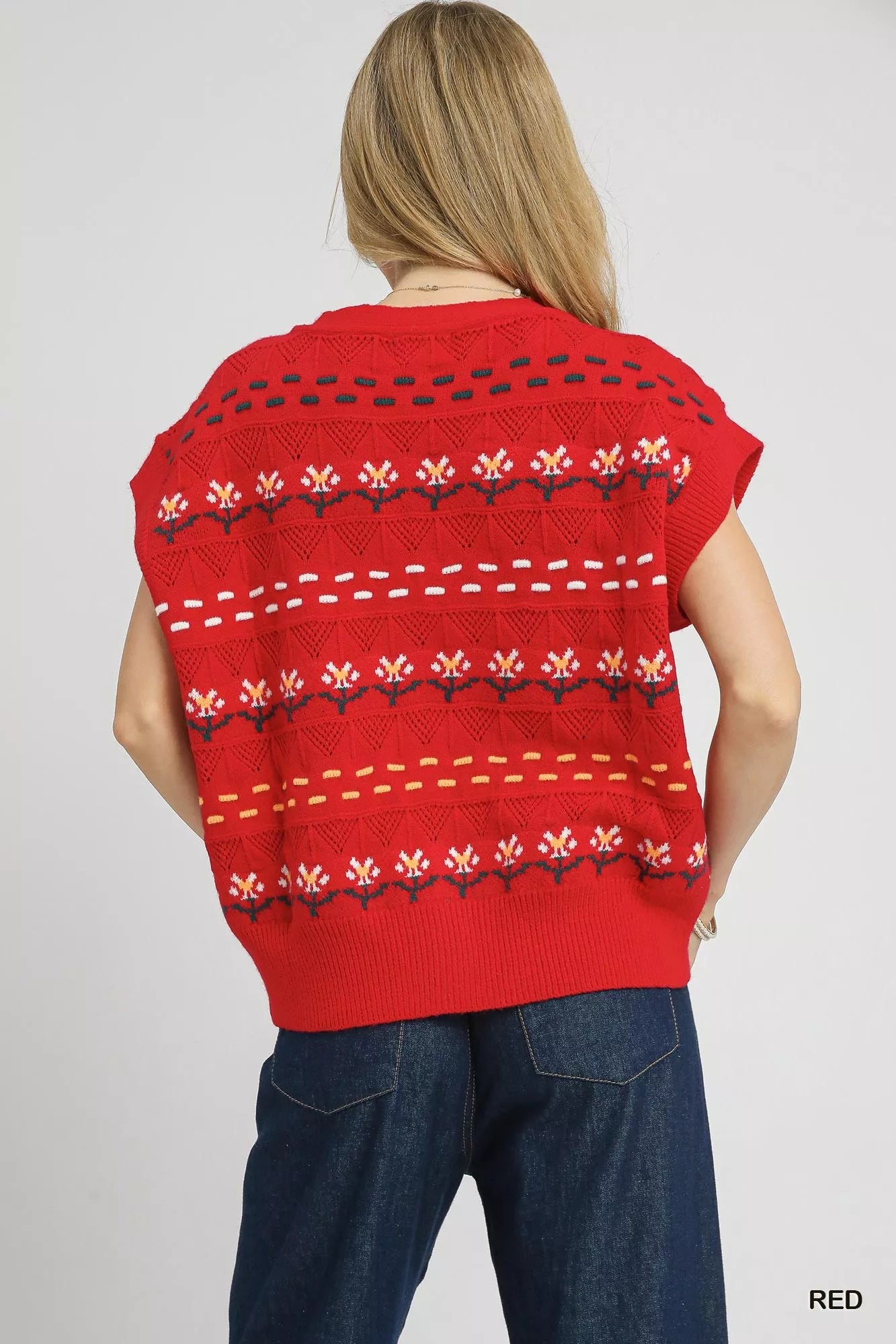 Button-Down Knit Sleeveless Sweater, Red