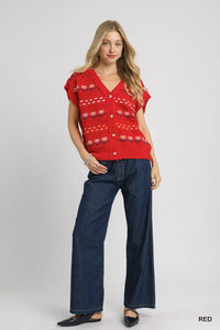 Button-Down Knit Sleeveless Sweater, Red