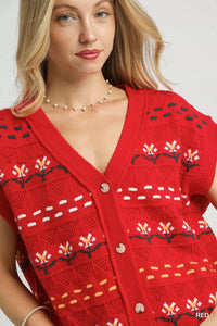 Button-Down Knit Sleeveless Sweater, Red
