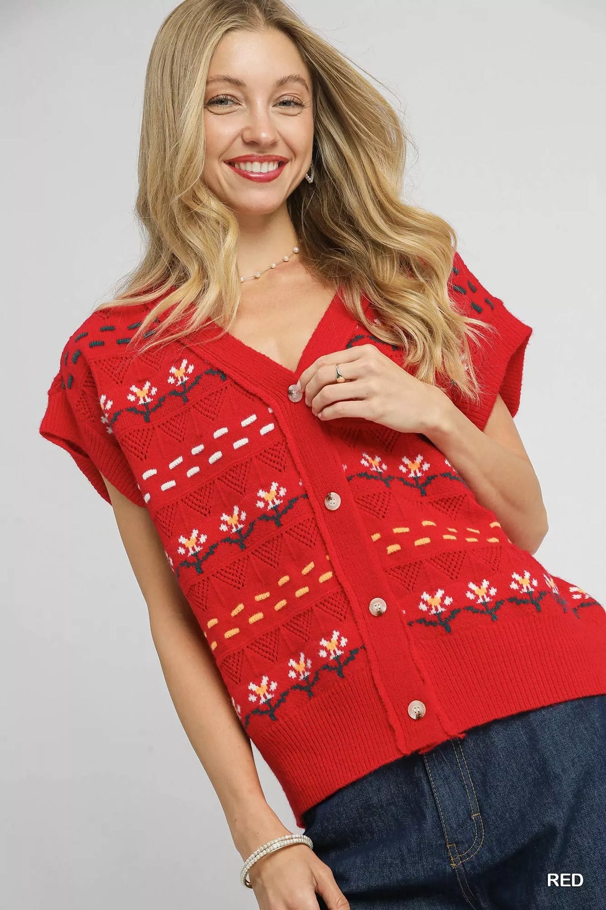 Button-Down Knit Sleeveless Sweater, Red