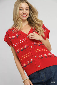 Button-Down Knit Sleeveless Sweater, Red