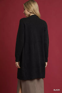 Button-Down Longline Sweater Cardigan with Front Pockets, Black
