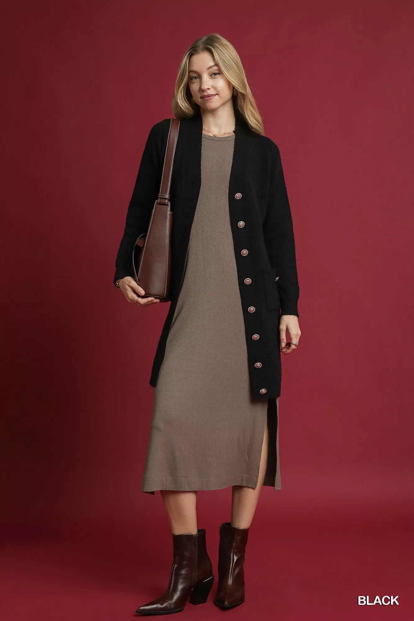 Button-Down Longline Sweater Cardigan with Front Pockets, Black