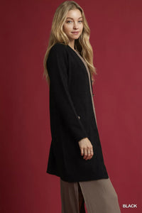 Button-Down Longline Sweater Cardigan with Front Pockets, Black