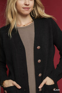 Button-Down Longline Sweater Cardigan with Front Pockets, Black