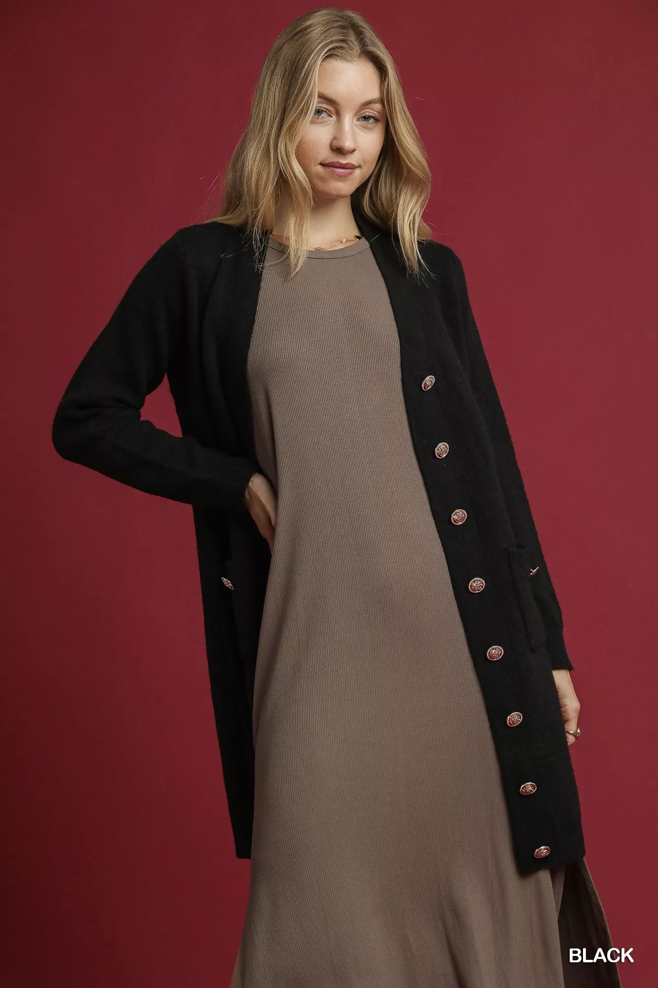 Button-Down Longline Sweater Cardigan with Front Pockets, Black