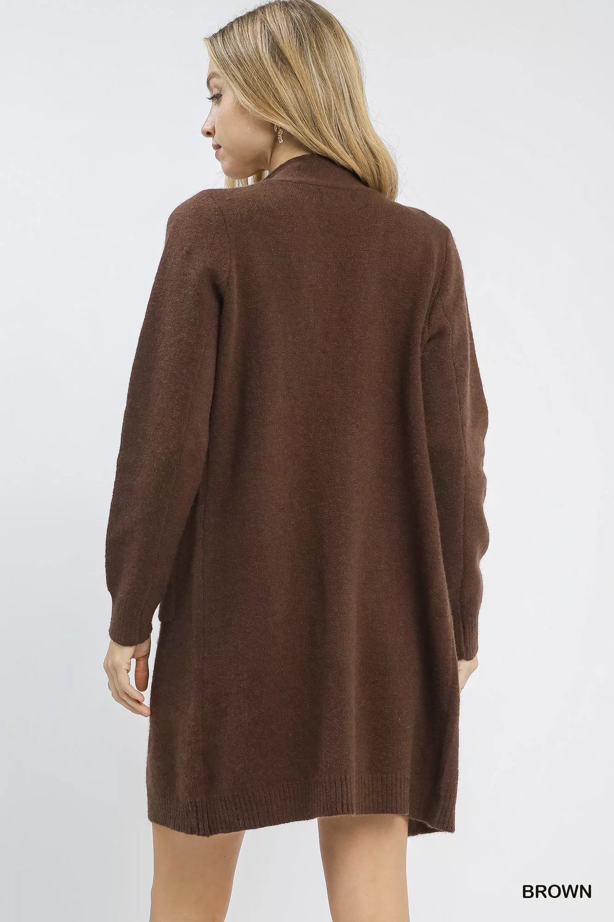 Button-Down Longline Sweater Cardigan with Front Pockets, Brown