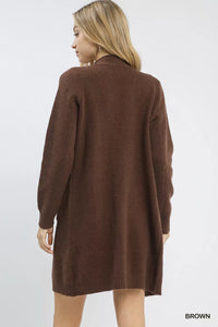 Button-Down Longline Sweater Cardigan with Front Pockets, Brown