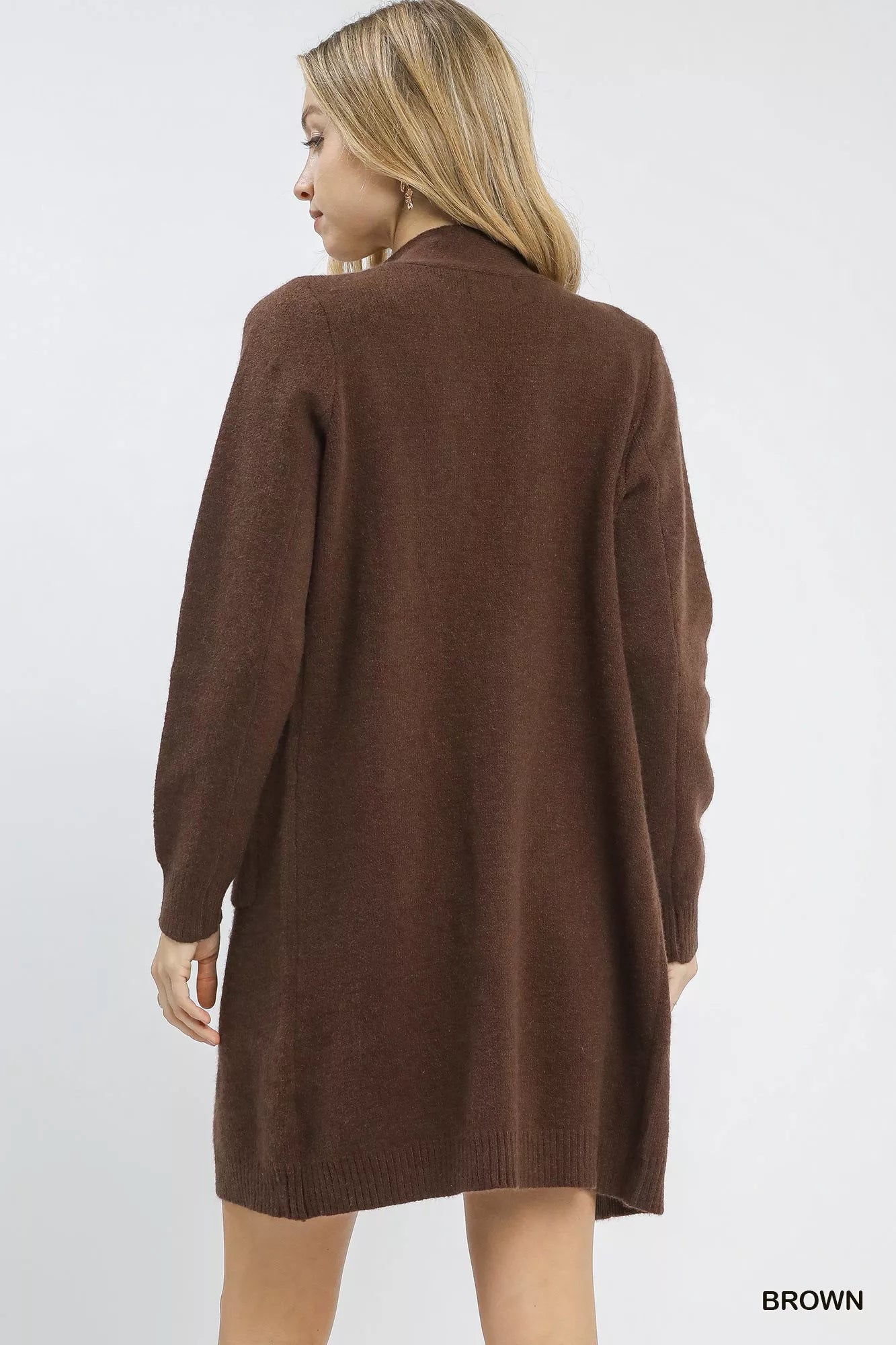 Button-Down Longline Sweater Cardigan with Front Pockets, Brown