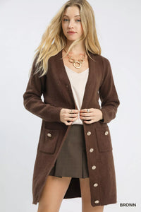 Button-Down Longline Sweater Cardigan with Front Pockets, Brown