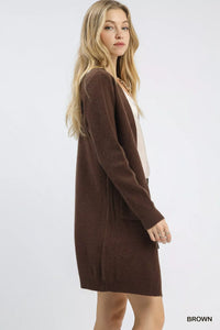 Button-Down Longline Sweater Cardigan with Front Pockets, Brown