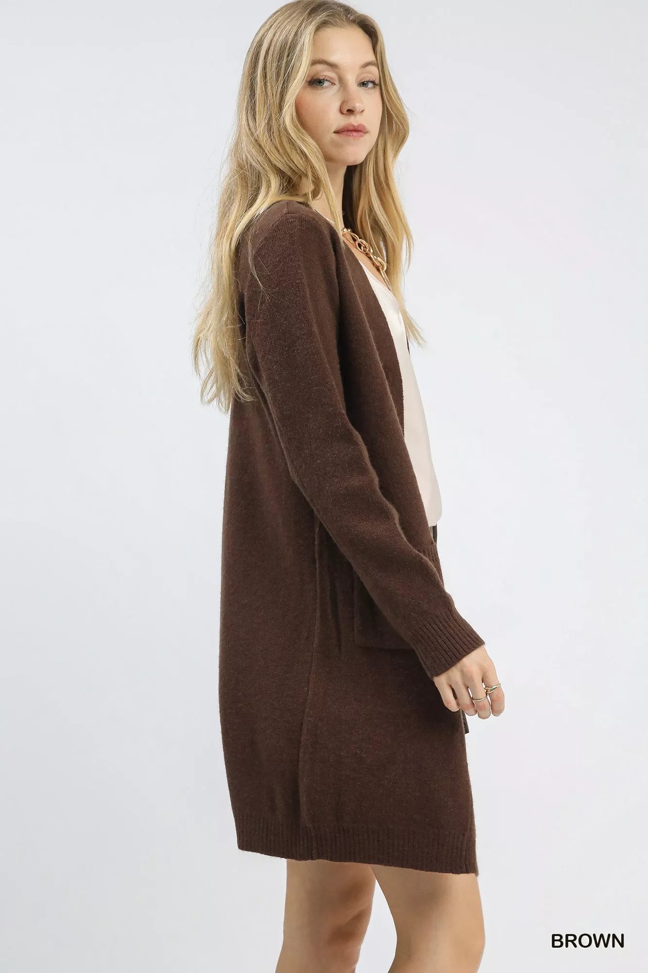 Button-Down Longline Sweater Cardigan with Front Pockets, Brown