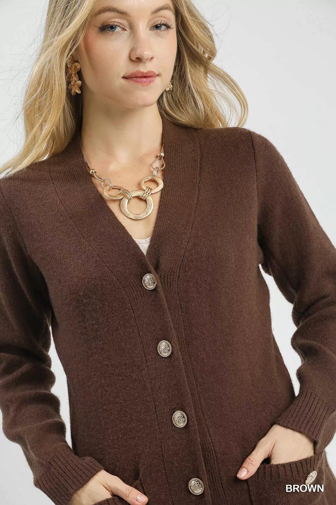 Button-Down Longline Sweater Cardigan with Front Pockets, Brown