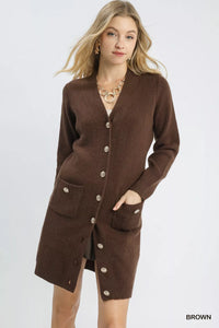 Button-Down Longline Sweater Cardigan with Front Pockets, Brown