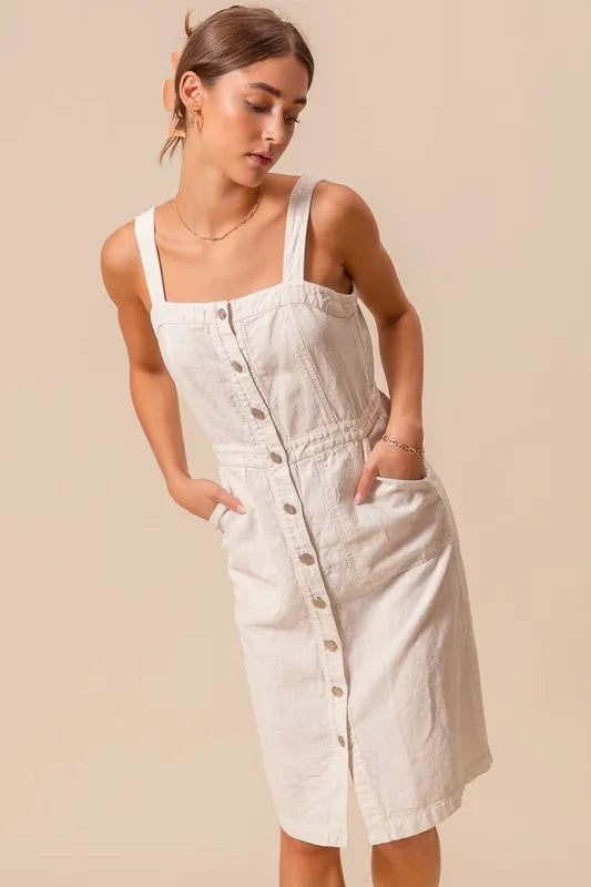 Button Down Pocket Front Pinafore Dress-The Button Down Pocket Front Pinafore Dress is a stylish and versatile piece for your wardrobe. With a button-down front and pocket detailing, this pinafore dress is classic.-Reef Love Boho-Chic Boutique