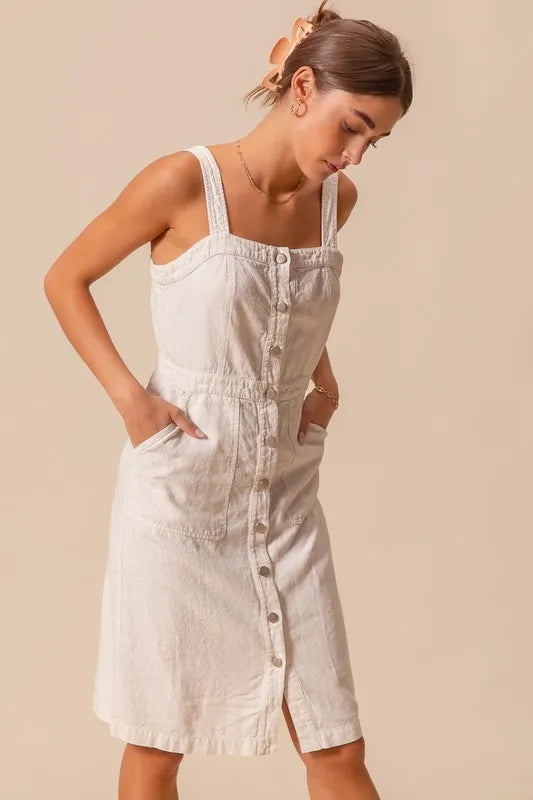 Button Down Pocket Front Pinafore Dress-The Button Down Pocket Front Pinafore Dress is a stylish and versatile piece for your wardrobe. With a button-down front and pocket detailing, this pinafore dress is classic.-Reef Love Boho-Chic Boutique