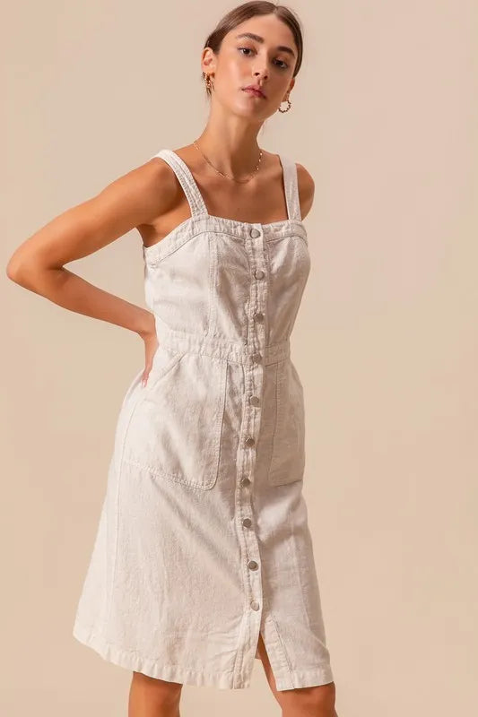 Button Down Pocket Front Pinafore Dress-The Button Down Pocket Front Pinafore Dress is a stylish and versatile piece for your wardrobe. With a button-down front and pocket detailing, this pinafore dress is classic.-Reef Love Boho-Chic Boutique