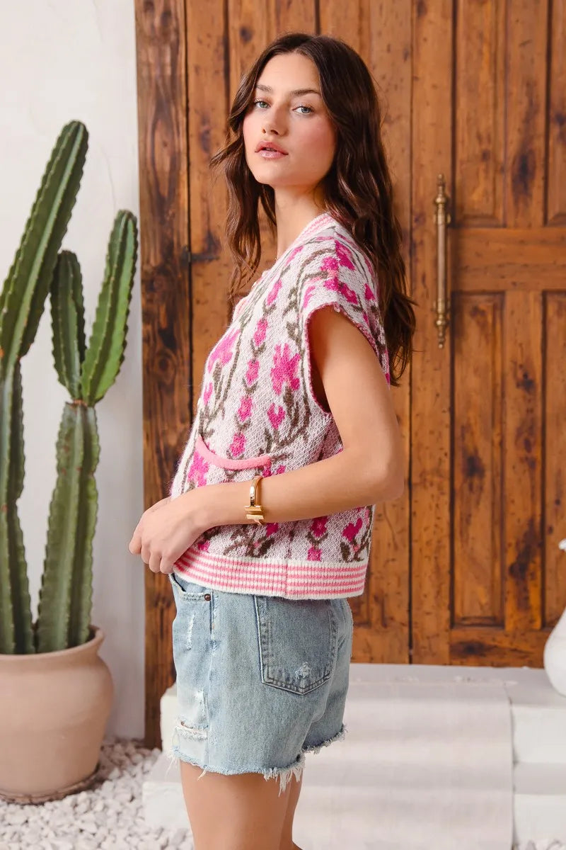 Shop Button Up Floral Knit Cardigan, Pink-Cozy floral & stripe short sleeve cardigan with button front & cable knit detail. A lightweight layer with vintage charm, perfect for spring & summer outfits.-available at Reef Love online boho-chic boutique