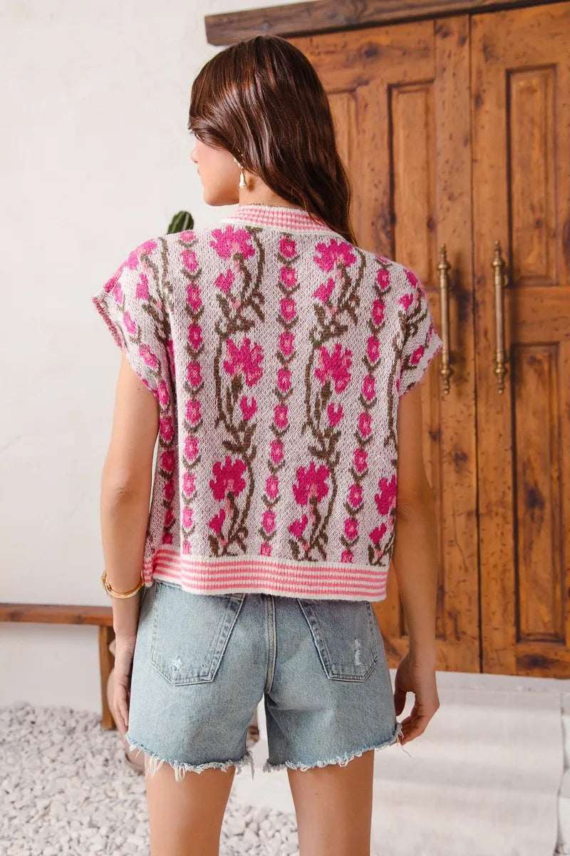 Shop Button Up Floral Knit Cardigan, Pink-Cozy floral & stripe short sleeve cardigan with button front & cable knit detail. A lightweight layer with vintage charm, perfect for spring & summer outfits.-available at Reef Love online boho-chic boutique