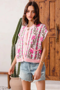 Shop Button Up Floral Knit Cardigan, Pink-Cozy floral & stripe short sleeve cardigan with button front & cable knit detail. A lightweight layer with vintage charm, perfect for spring & summer outfits.-available at Reef Love online boho-chic boutique