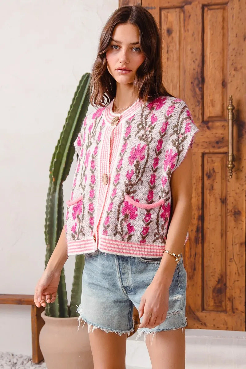 Shop Button Up Floral Knit Cardigan, Pink-Cozy floral & stripe short sleeve cardigan with button front & cable knit detail. A lightweight layer with vintage charm, perfect for spring & summer outfits.-available at Reef Love online boho-chic boutique