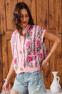 Shop Button Up Floral Knit Cardigan, Pink-Cozy floral & stripe short sleeve cardigan with button front & cable knit detail. A lightweight layer with vintage charm, perfect for spring & summer outfits.-available at Reef Love online boho-chic boutique