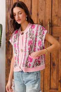 Shop Button Up Floral Knit Cardigan, Pink-Cozy floral & stripe short sleeve cardigan with button front & cable knit detail. A lightweight layer with vintage charm, perfect for spring & summer outfits.-available at Reef Love online boho-chic boutique
